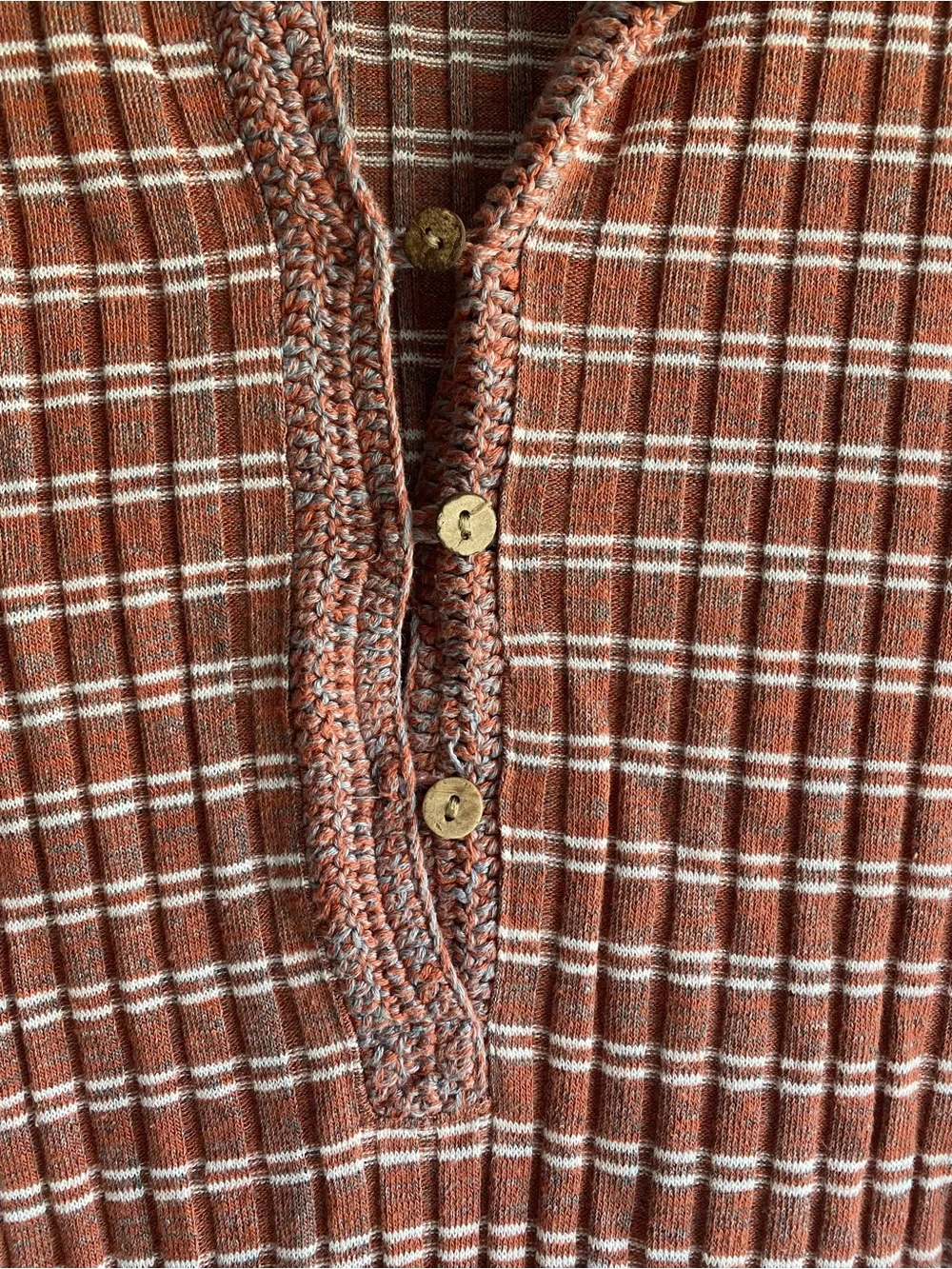 Free People Ribbed Knit Henley Top Crochet Collar Rust Stripe Size Large